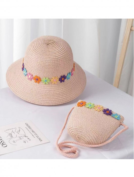 Kid Woven Sun Hat and Mini Bag W/ Flowers Set